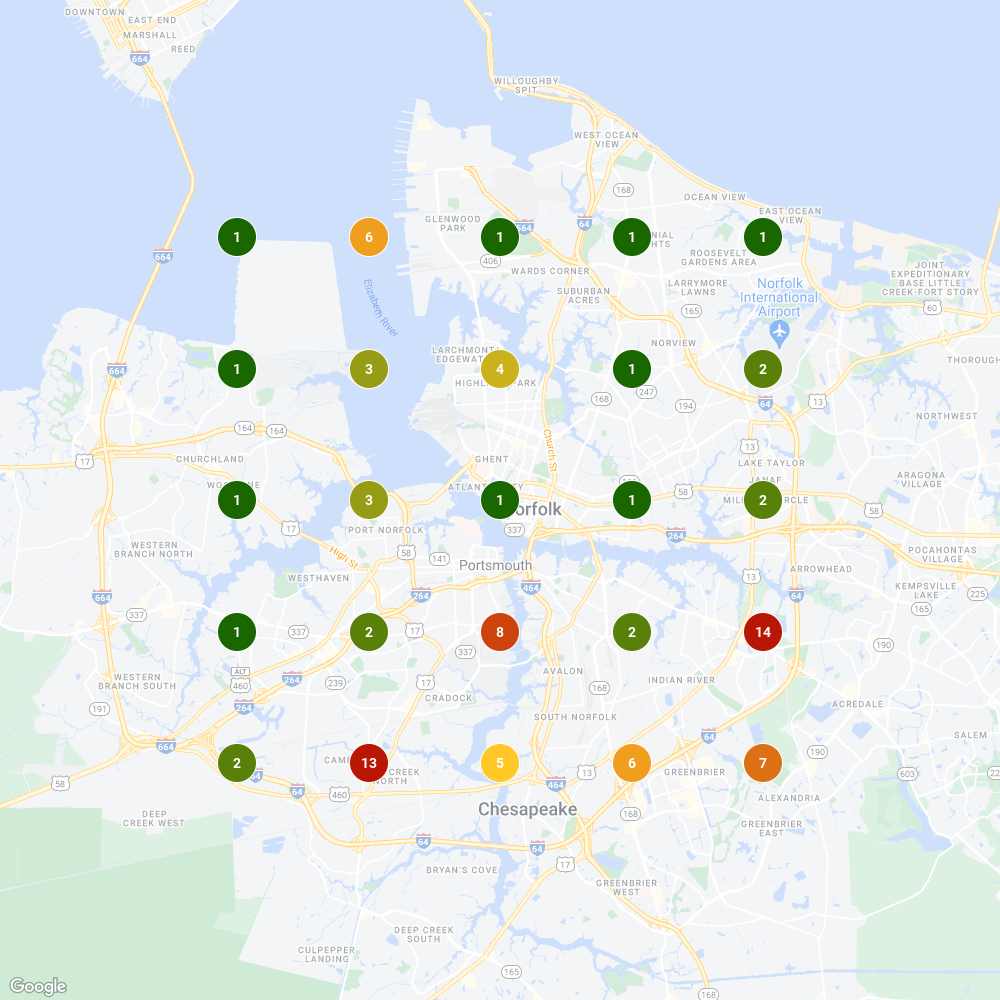 A map of Norfolk, Virginia, overlaid with numbers inside of circles. The numbers indicate Google ranking positions for TechArk's Google Business Profile.