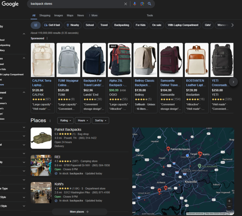 A Google search engine results page for the phrase "backpack stores." The page shows ads for eight different backpacks at the top, while below it, a list of three different businesses appear to the left of a map.