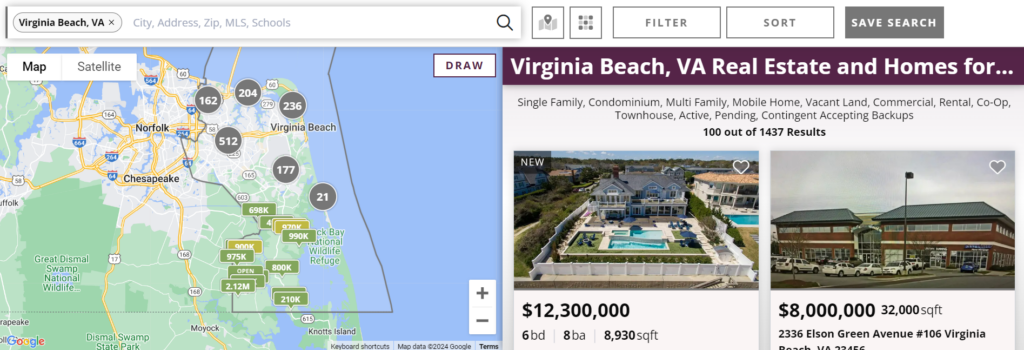  A home listings search page on rwtowne.com. The map of Virginia Beach is on the left, with home listings on the right.