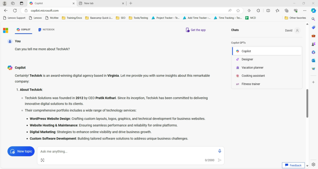 A user chats with Bing's Copilot AI, asking it 'who are the top web design companies in norfolk virginia' Copilot displays TechArk among its results and links to its pages.